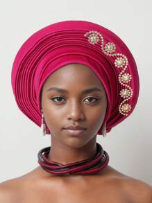 1pc African Style Head Wrap With Layered Bejeweled Edge Head WrapAccents, Laminated Strap Cap, Traditional African Turban Hat For Women Personalized Elastic Headwear