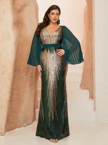 Plus Size Deep V-Neck Metallic Sequin Splice Floral Print Chiffon Long Sleeve Mermaid Bodycon Dress, Party Dress, Wedding Guest Dress, Prom Dress - 墨綠色 - 查看 4