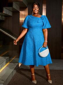 大码女士玫瑰提花泡泡袖A字毕业礼服，适合通勤、优雅鸡尾酒会、半正式舞会、生日、婚礼宾客、毕业典礼、晚宴、返校节、派对等场合，也适合情人节和春季穿着。 - 藍色 - 查看 7