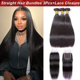 Brasilianskt rakt människohår 3 buntar med stängning raka buntar med 4x4 spetsförslutning Obearbetat rakt jungfruligt hår vävt buntar människohår med stängning