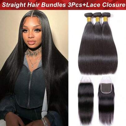 Cabelo humano brasileiro liso, 3 pacotes com fecho, pacotes retos com fecho de renda 4x4, cabelo virgem liso não processado, pacotes de trama, cabelo humano com fecho