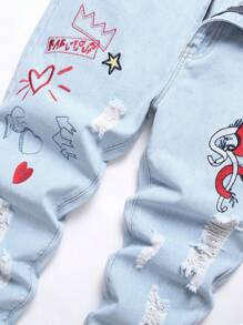 3 Pieces Ripped Jeans, Blue & Grey & Light Blue Fashion Comfort Denim Pants With Embroidered Patterns, Straight Leg Casual Trousers For Daily Wear - 天藍色/灰色/藍色 - 查看 3