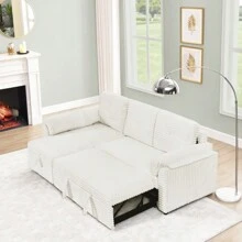 Corduroy Tufted Upholstered Sleeper Sectional Sofa L-Shaped Modular Convertible Sofa With Storage Chaise Pull Out Sleep Couch Bed And Reclining Backrest Perfect For Living Space Beige