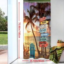 1 pieza - Cortina de ducha de poliéster con diseño de oceánica, palmeras tropicales, puesta de sol hawaiana, paisaje de verano e inspirador texto, decoración de baño impermeable con 12 ganchos de plástico