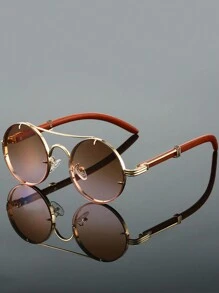1Pc Women Round Fashion Glasses Stylish Double Bridges Metal Frame Green Glasses Chic Imitation Wood Grain Leg Design Novel Shape Gradient Color Eyeglasses For Daily Use Beach Party Fashion Glasses For Women,Shades For Ladies,Fall Winter Outfits,Beach Accessories,Vintage Retro Y2k Basics Eyeglasses,Business Casual Gifts,Perfect For Everyday Wear,Seaside,Beach,Vacation,Walking,Shopping,Driving,Street Photos For Summer Beach Vacation,Outdoor,Travel