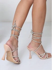REVREAL Rhinestone Lace-Up Heels – Dazzle In Every Step Valentines Stylish Sandals Summer Sandals For Women - Beige - View 3