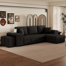 104.5" Modern L-Shape 3 Seat Reversible Sectional Couch Pull Out Sleeper Sofa With Storage Chaise And 2 Stools For Living Room Furniture Set Charcoal Grey