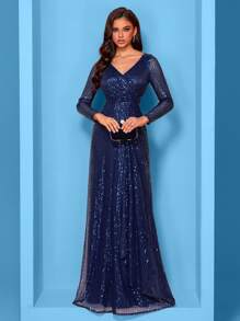 Summer High Quality Elastic Sequin V-Neck Long Sleeves With Slim Fit And A Line Hem Design, Solid Color Elegant And Luxurious Long Dress For Women, Making Women Younger And More Charming, Suitable For Various Parties, Graduations, Weddings, Events And Various Banquets And Dancing Parties, Formal Ball Gown For Women, (Deluxe Edition) Party Dress Wedding Guest Dress Evening Dress - Màu xanh hải quân - Xem 4