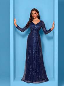 Summer High Quality Elastic Sequin V-Neck Long Sleeves With Slim Fit And A Line Hem Design, Solid Color Elegant And Luxurious Long Dress For Women, Making Women Younger And More Charming, Suitable For Various Parties, Graduations, Weddings, Events And Various Banquets And Dancing Parties, Formal Ball Gown For Women, (Deluxe Edition) Party Dress Wedding Guest Dress Evening Dress - Màu xanh hải quân - Xem 3