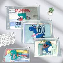 大容量卡通恐龙透明文件夹袋，A4文件整理袋，办公用品文具笔盒，学生文件夹，商务文件分类袋，办公桌整理袋，试卷收纳袋，适用于办公室和学校