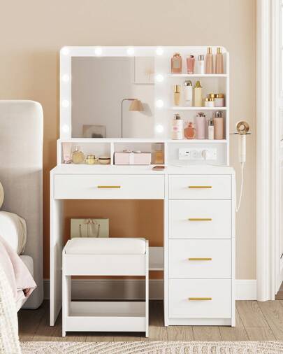 HEXCELEN Penteadeira com 10 bolas de luz LED, 3 cores, penteadeira com tomada e espelho grande, banco e suporte para secador de cabelo, penteadeira com múltiplas gavetas, branca