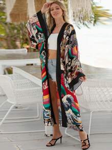 Loose Mid-Length Beach Cover Up, Robe, Kimono, Bohemian Long Dress, Bikini Cover-Up, Sun Protection Clothing, Summer