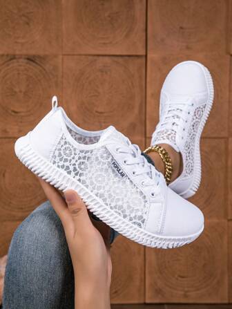 Wide Fit Lace Hollow Out White Sneakers For Women, Comfortable Breathable Mesh Casual Shoes, Lightweight Soft Sole Lace-Up Flat Shoes For Spring Summer Autumn