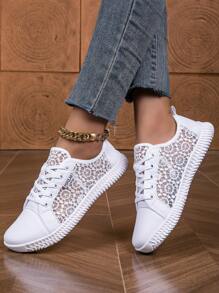 Wide Fit Lace Hollow Out White Sneakers For Women, Comfortable Breathable Mesh Casual Shoes, Lightweight Soft Sole Lace-Up Flat Shoes For Spring Summer Autumn - White - View 5