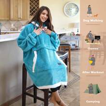 Oversized Blanket Hoodie Sweatshirts, Wearable Fluffy Fleece Plush Blanket, Lightweight Cozy Sweatshirt Blanket Gift For Women Men, Blue - 藍色 - 查看 2