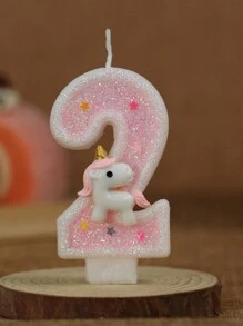 1 pieza Vela de unicornio rosa brillante con número numérico creativo [0-9] para tarta de cumpleaños, decoración de fiesta