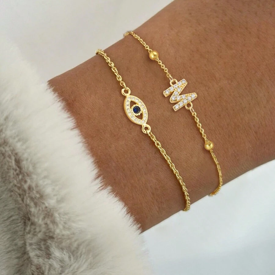 2Pcs/Set New Pave Zirconia Eye Initial Simple Gold Color Stainless Steel Bead Chain Layered Bracelets For Women - Yellow Gold - View 1
