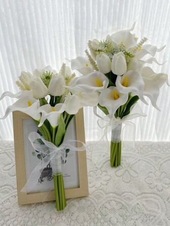 White Artificial Flower Tulip Calla Lily Wedding Bouquet, Wedding Flowers Bouquets For Bridesmaids, 7 Inch Bridal Bouquets For Bridesmaids, Wedding, Ceremony, Anniversary, Fake Flower Spring Home Decorations, Wedding Photography, Photo Props, Bride Holding Flower, Centerpieces Party Tables Home Decor Festival Decoration Easter Gifts Birthday Graduation