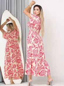 WOMEN'S LONG MIDI DRESS WITH PUFFED SLEEVES AND RUFFLES, OFF-THE-SHOULDER, TRES MARIAS - Pink - View 3