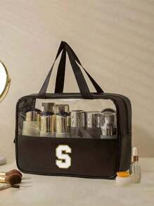 1个透明字母化妆包,时尚新款方形纯色化妆包,带刺绣字母,适合夏季旅行、度假、居家浴室装饰、节日化妆品收纳、浴室配件、返校季和情人节 - 黑色 - 查看 8