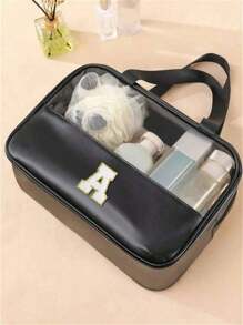 1个透明字母化妆包,时尚新款方形纯色化妆包,带刺绣字母,适合夏季旅行、度假、居家浴室装饰、节日化妆品收纳、浴室配件、返校季和情人节 - 黑色 - 查看 3