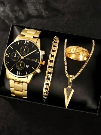 4st lyxiga presentset för män: Kvartsklocka i rostfritt stål med kalender, guldpilhalsband, armband och ring - män Business & Casual Accessories