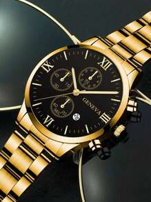 4 件套奢华男士礼品套装：带日历的不锈钢石英表、金箭项链、手链和戒指 - 男士商务和休闲配饰 - 金色 - 查看 4