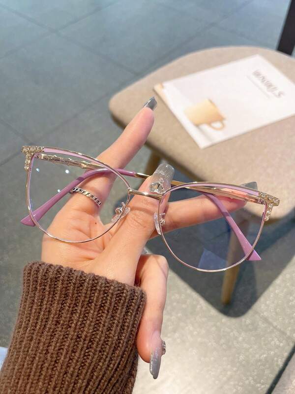 1pc Women's High-End Rhinestone Decorated Dual-Tone Metal Cat Eye Eyeglasses Frame, /Photochromic, Suitable For Back To School And Daily Wear