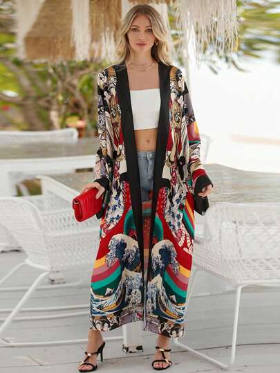 Loose Mid-Length Beach Cover Up, Robe, Kimono, Bohemian Long Dress, Bikini Cover-Up, Sun Protection Clothing, Summer