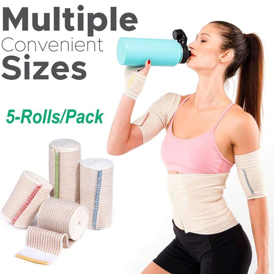 5 Rolls Elastic Bandage Wrap - Double Hook & Loop Fasteners, Reusable Bandages For Waist, Legs, Hand, Elbow & Knee Wrap - Beige - View 1