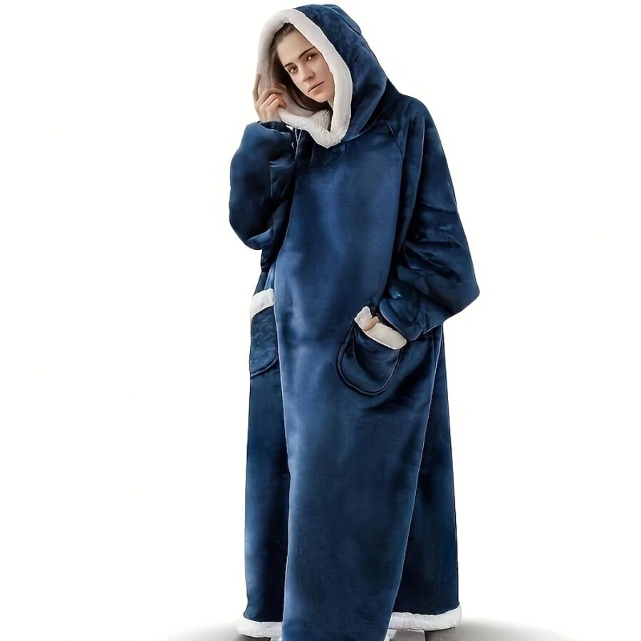 Extra Thick Hoodie Flannel Wool Extra Long Wearable Blanket For Women Men, Extra Large Blanket Sweatshirt Super Soft Comfort Winter Giant Adult Wearable Blanket Hoodie With Pockets - Màu xanh lam - Xem 1