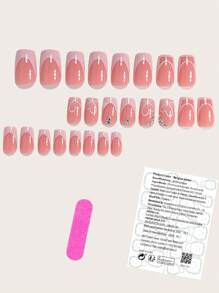 Paznokcie walentynkowe natychmiast odświeżą Twój wygląd dzięki 24 szt. średnich kwadratowych nakładek na paznokcie, modne romantyczne walentynki, różowe, miłosne, białe, gradientowe łatki do zdobienia paznokci, kreatywne, asymetryczne, francuskie, wybuchowe, brokatowe cyrkonie, pełne pokrycie, nadające się do noszenia paznokcie, pełne pokrycie, sztuczne paznokcie dla kobiet i dziewcząt, w zestawie 1 arkusz samoprzylepnych zakładek i 1 szt. mini pilnika, żel żelowy, losowa wysyłka