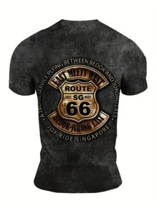 Route 66 Retro Graphic Print Crew Neck Short Sleeve Casual T-Shirt - Soft Slight Stretch Polyester Fabric, Regular Fit, Pattern, Perfect For Summer Outdoor Streetwear And Travel