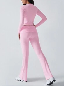 两件套女士Y2K运动休闲家居服套装，纯色圆领长袖T恤和修身长裤，秋季款