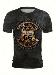 Route 66 Retro Graphic Print Crew Neck Short Sleeve Casual T-Shirt - Soft Slight Stretch Polyester Fabric, Regular Fit, Pattern, Perfect For Summer Outdoor Streetwear And Travel