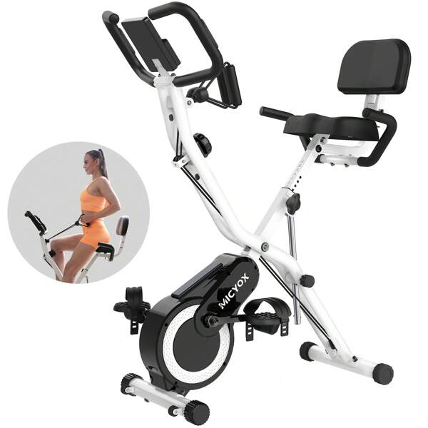 Micyox MX711, Bicicleta estática, Bicicleta estática plegable magnética para interiores con sillín extra grande, 16 niveles de resistencia, pantalla, sensor de frecuencia cardíaca, equipo de entrenamiento que ahorra espacio