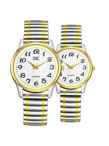 2pcs/Set Numeric Dial Stainless Steel Couples Quartz Watch
