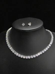 1 Set 3pcs Elegant Zirconia Necklace And Earrings Set, Light Luxury Teardrop Wedding Bridesmaid Party Banquet Accessories, Exquisite Versatile Birthday Gift - Round - View 9