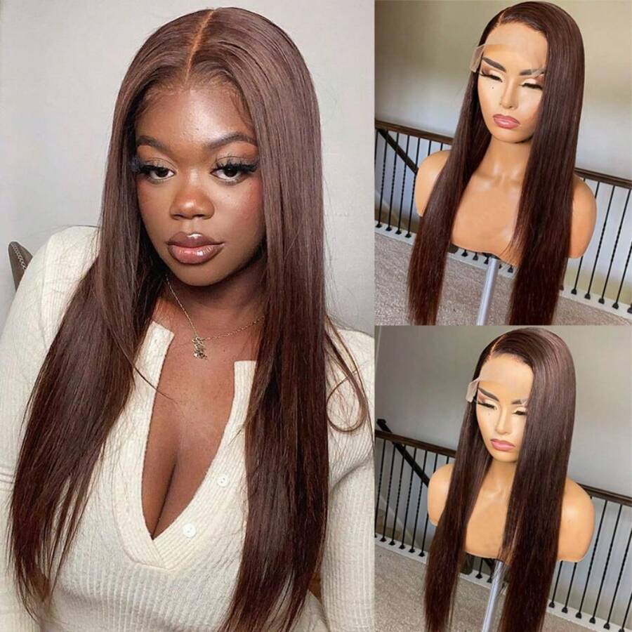 #4 Chocolate Brown Straight 13x4 Lace Front Wigs Lace Frontal Human Hair Wigs Pre Plucked With Baby Hair Brazilian Straight Hair Lace Frontal Wigs For Women - Dark Brown - View 1