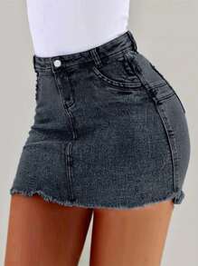 Women's Denim Skirt Elastic Casual High Waisted Lifted Hip Denim Short Skirt A-Line Mini Pencil Skirt - 黑色 - 查看 2