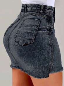 Women's Denim Skirt Elastic Casual High Waisted Lifted Hip Denim Short Skirt A-Line Mini Pencil Skirt - 黑色 - 查看 3