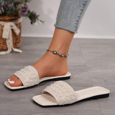 Plus Size Women Flat Sandals Vacation Style Summer Casual Versatile Rhinestone Decor Slides