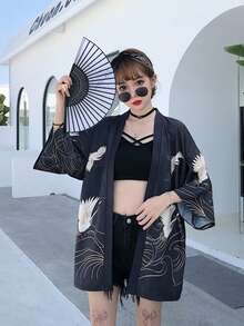 复古日式仙鹤印花宽松休闲和服，轻便春夏夹克