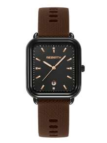 1pc Rebirth Brand Women Silicone Strap Quartz Watch With Simple Fashion Calendar, Suitable For Daily Decoration - Coffee Brown - View 7