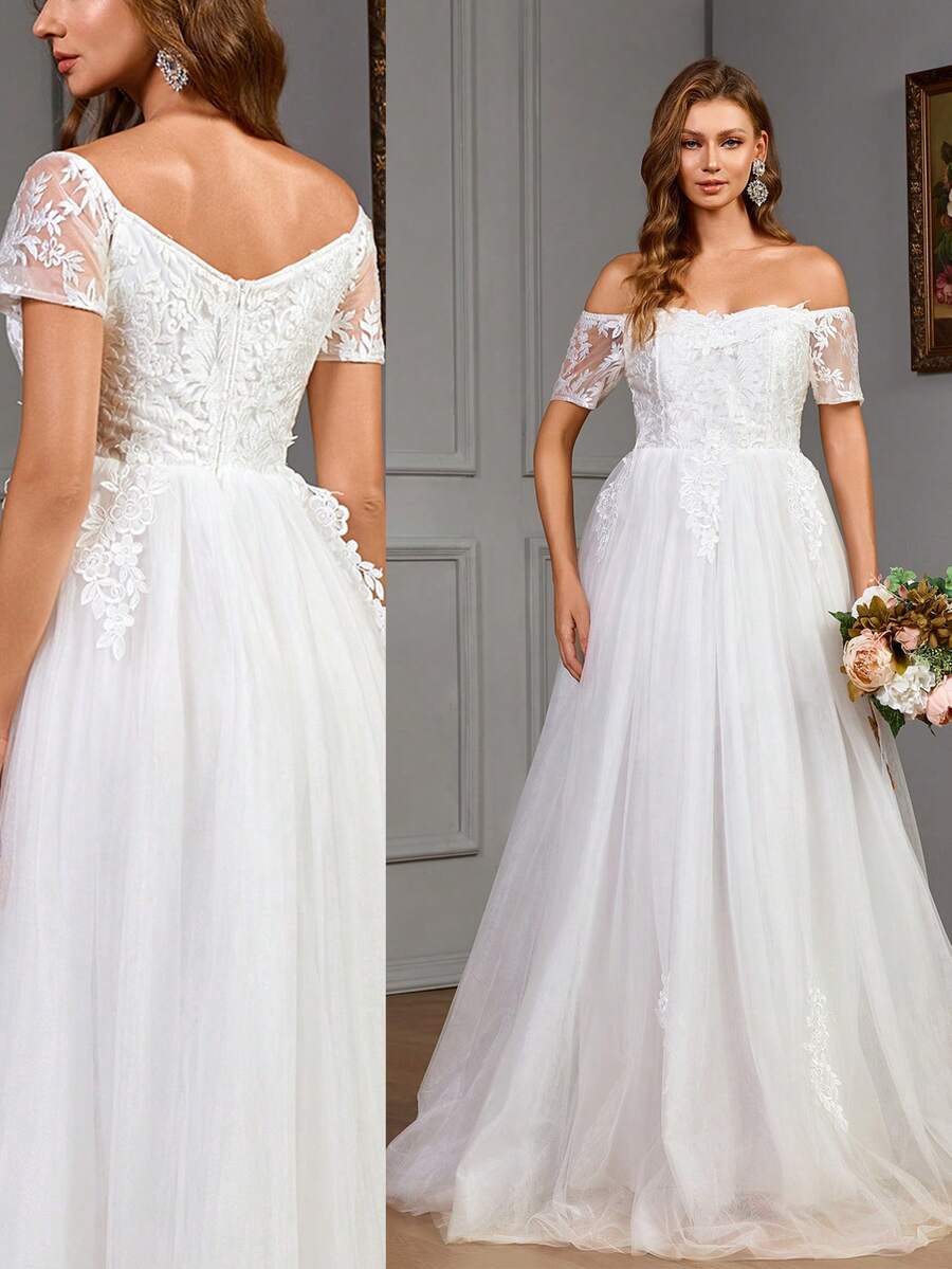Elegant Solid Color Embroidery Mesh Off Shoulder Wedding Dress,Bride - White - View 1