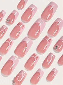 Paznokcie walentynkowe natychmiast odświeżą Twój wygląd dzięki 24 szt. średnich kwadratowych nakładek na paznokcie, modne romantyczne walentynki, różowe, miłosne, białe, gradientowe łatki do zdobienia paznokci, kreatywne, asymetryczne, francuskie, wybuchowe, brokatowe cyrkonie, pełne pokrycie, nadające się do noszenia paznokcie, pełne pokrycie, sztuczne paznokcie dla kobiet i dziewcząt, w zestawie 1 arkusz samoprzylepnych zakładek i 1 szt. mini pilnika, żel żelowy, losowa wysyłka