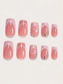 Paznokcie walentynkowe natychmiast odświeżą Twój wygląd dzięki 24 szt. średnich kwadratowych nakładek na paznokcie, modne romantyczne walentynki, różowe, miłosne, białe, gradientowe łatki do zdobienia paznokci, kreatywne, asymetryczne, francuskie, wybuchowe, brokatowe cyrkonie, pełne pokrycie, nadające się do noszenia paznokcie, pełne pokrycie, sztuczne paznokcie dla kobiet i dziewcząt, w zestawie 1 arkusz samoprzylepnych zakładek i 1 szt. mini pilnika, żel żelowy, losowa wysyłka