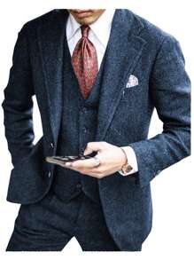 Mens Herringbone Tweed Suit 3 Piece Suit Two Buttons Wool Suits 1920's Themed Wedding Suit Prom Tuxedos Blazer Dress Formal Business Party Jacket Vest Waistcoat For Groom - 藍色 - 查看 2