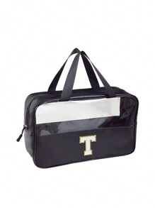 1个透明字母化妆包,时尚新款方形纯色化妆包,带刺绣字母,适合夏季旅行、度假、居家浴室装饰、节日化妆品收纳、浴室配件、返校季和情人节 - 黑色 - 查看 29