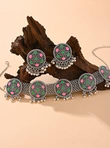 3pcs Retro Boho Colorful Round Flowers Alloy Pendant Earrings, Multi Layer Chain Decor Necklace Jewelry Set Suitable For Women's Daily Wear, Party, Wedding, Festival Accessories - View 3